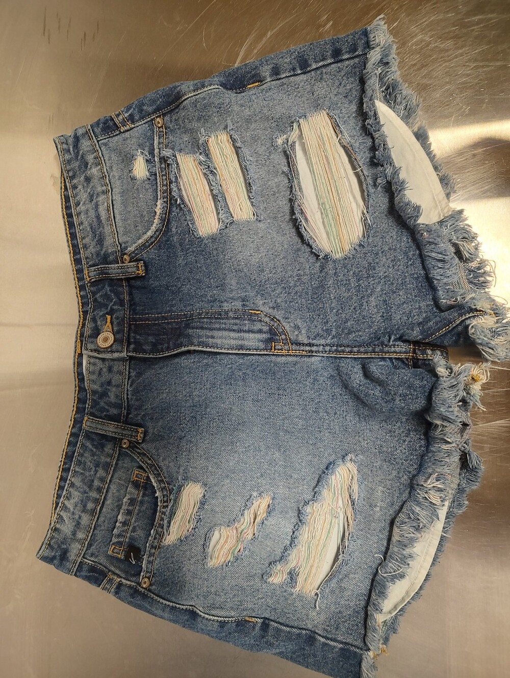 KanCan Distressed Blue Jean Shorts with Rainbow Underlay
